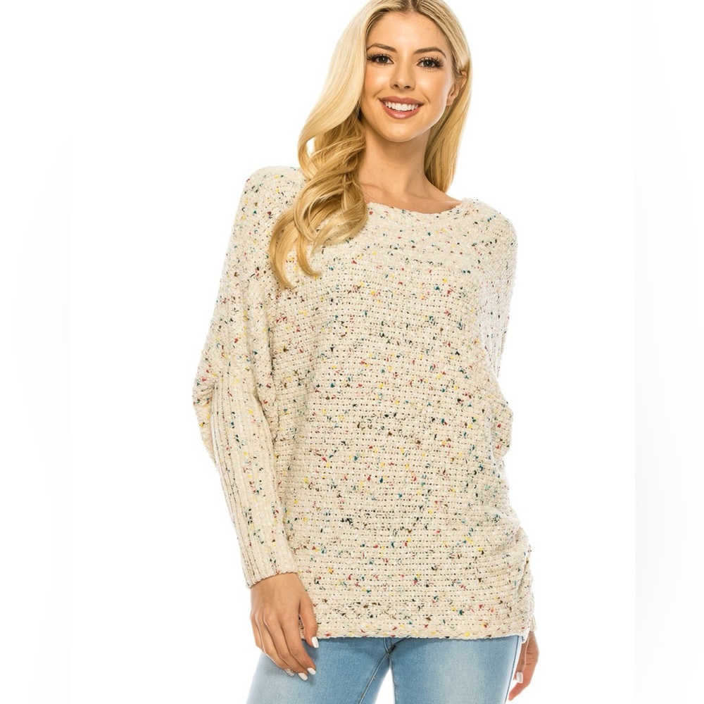 Cream Spring Weave Knit Dolman Sleeve Sweater with Multicolor Confetti Detail - Picture 4 of 7